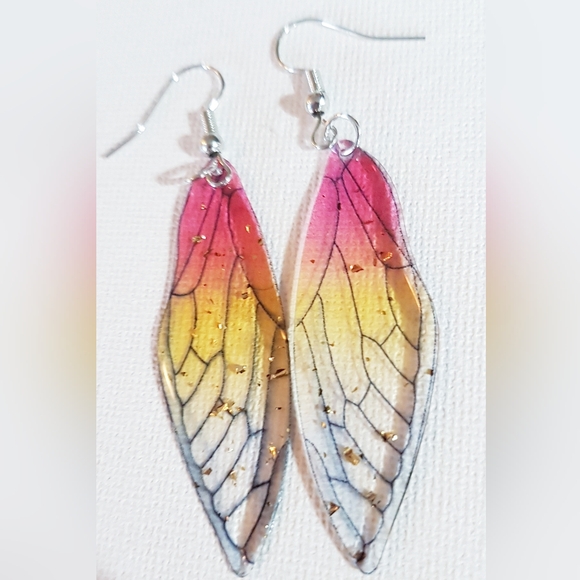 Winging It Earrings Red and Yellow Transluscent Wings Handmade Jewelry - Picture 1 of 12